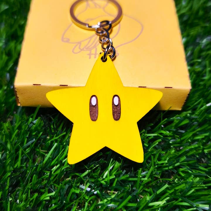 Super Mario Wooden Keychain – Super Star Geek Keyring for wholesale by Herbs&Belles