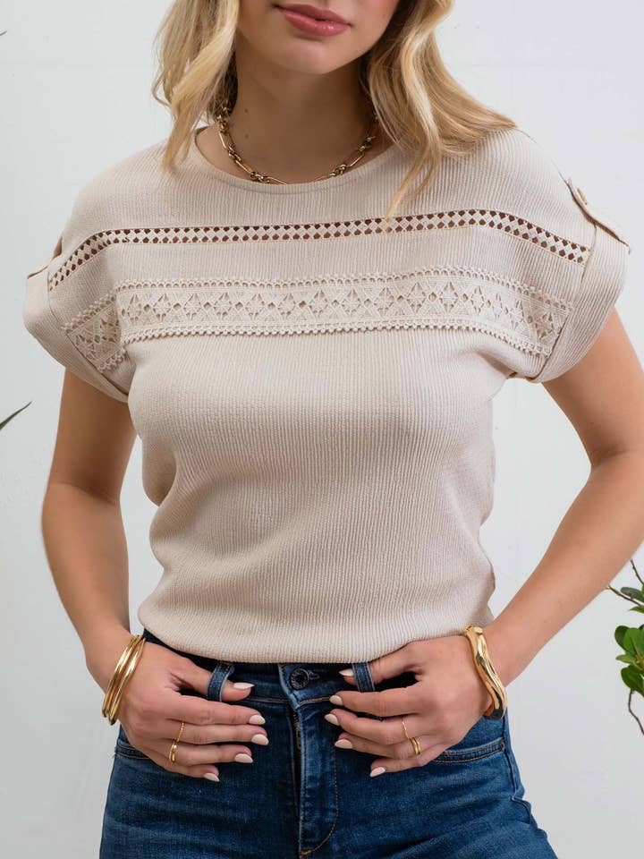 Blu Pepper - Wholesale Knit top – Women's - SHORT TAB SLEEVE LACE TRIM CRINKLE KNIT BLOUSE7