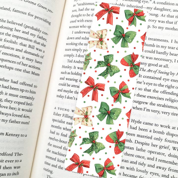 Holiday Bows And Dots Bookmark | Soft Matte Laminated for wholesale by Indie Heart Studio