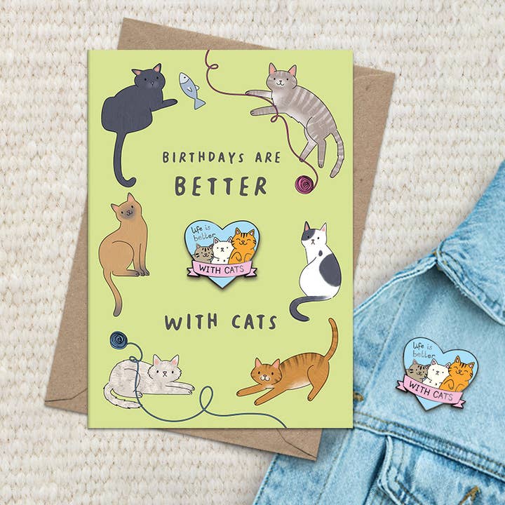 Pin Badge Greetings Card - Birthday better with cats for wholesale by Dandelion Stationery