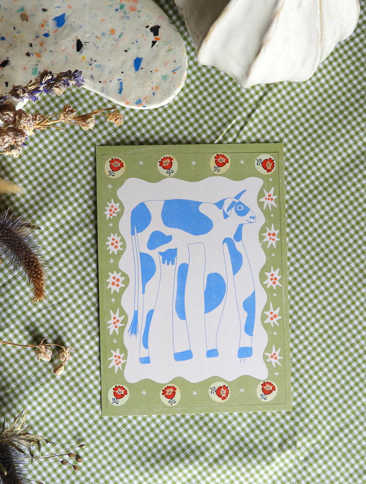 Rebecca Joy Ltd - Wholesale Art Print - 'Floopy Cow' | Boho | Playful | Retro | Animal | Risograph Style Print2