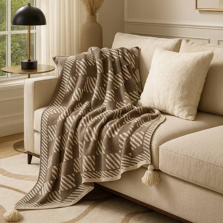 Khaki-Ivory Check Striped 50"x60" Throw Blanket for wholesale by Fennco Styles