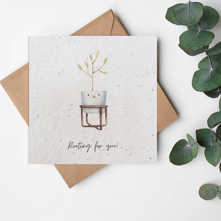 A6 Seed Paper Greeting Card - Plant Pun - rooting for you for wholesale by Little Green Paper Shop