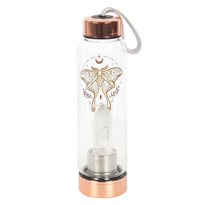Something Different Wholesale - Vendita all'ingrosso Borracce - Bottiglia d'acqua Luna Moth in vetro con cristallo di quarzo trasparente