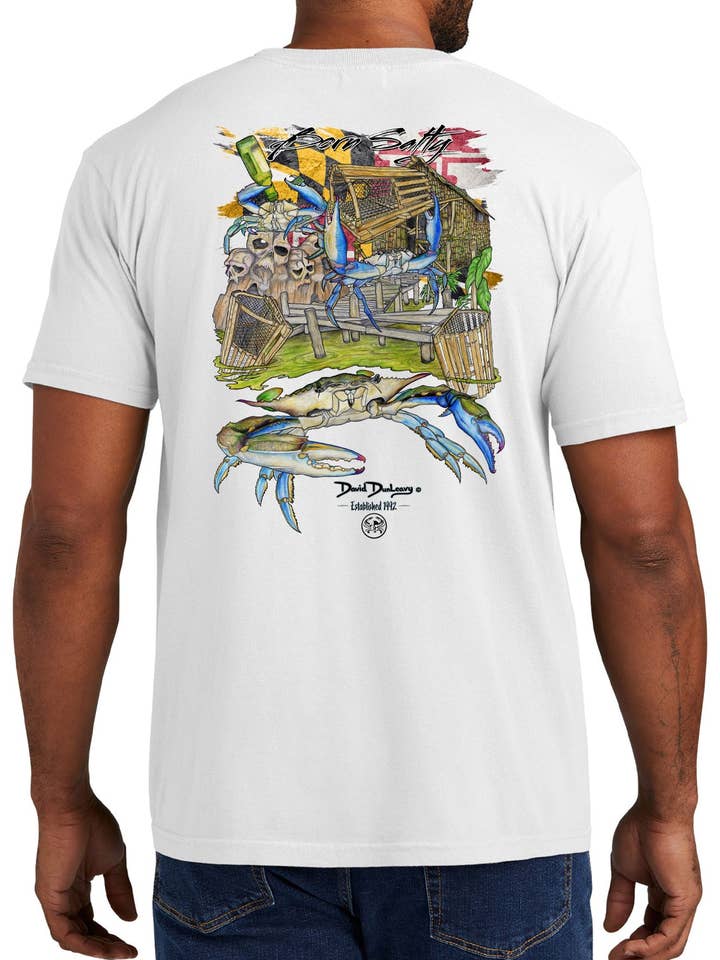 Men's Born Salty Maryland Blue Crab Short Sleeve Garment Dyed White Pocket T-Shirt for wholesale by David Dunleavy