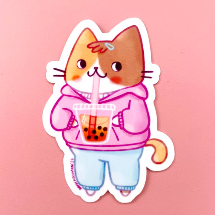 Boba Cat Vinyl Sticker for wholesale by Brave Moonman