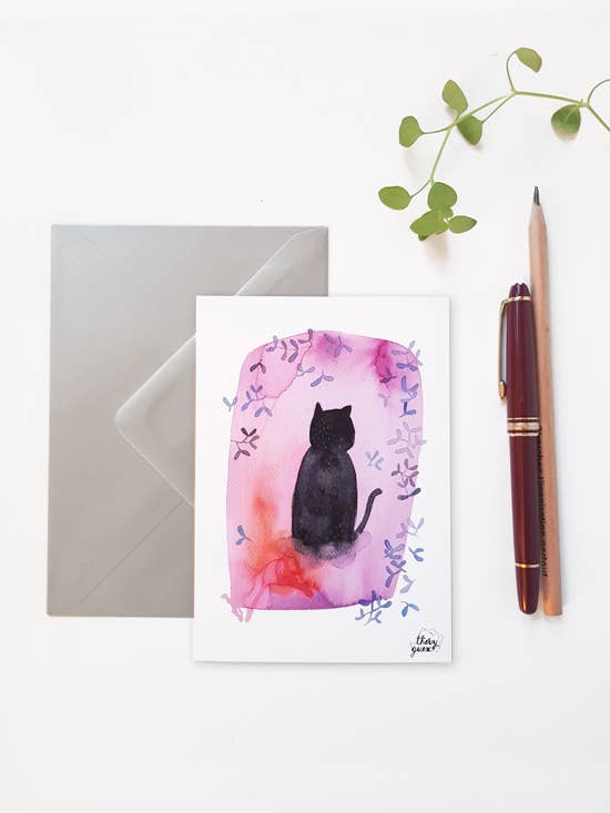 AQUARELL-POSTKARTE MIT BOTANISCHEN SCHWARZEN KATZEN für den Großhandel von Thévy Guex