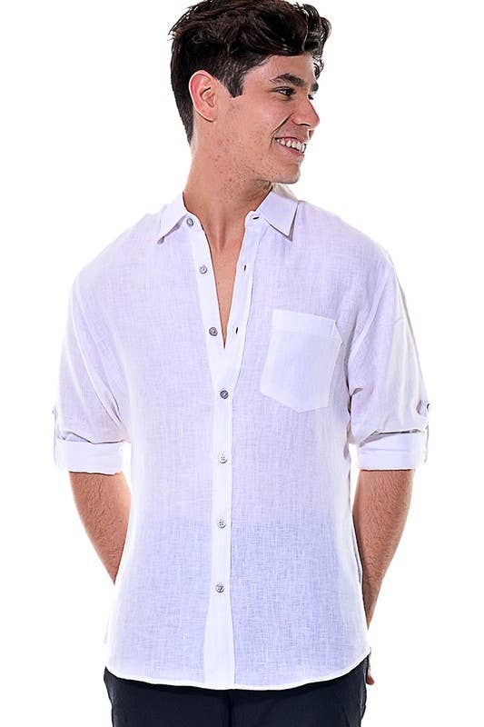 Azucar & Bohio - Vente Chemise à col boutonné – homme - Chemise en lin 100 % à manches longues retroussables, douce au toucher10