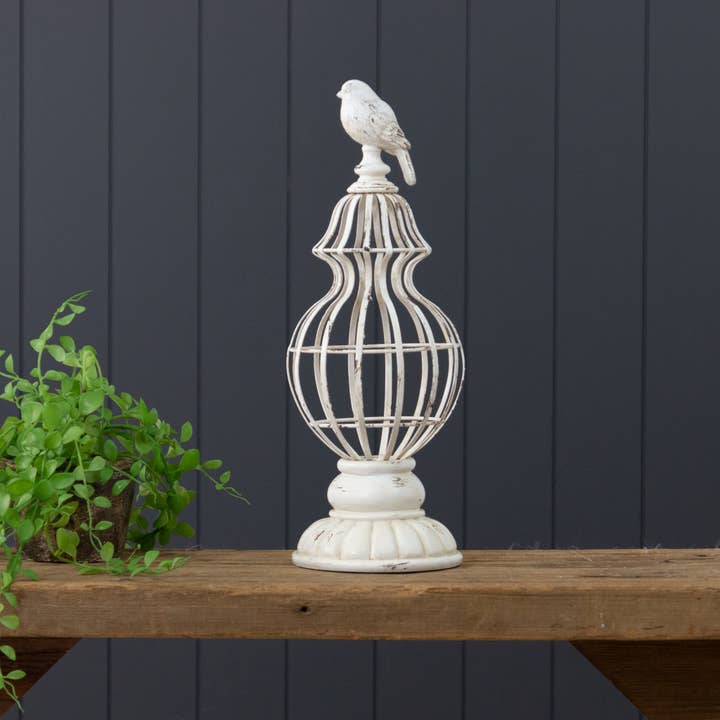 White Metal Bird Cage Finial, Sm (PC) for wholesale by Audrey's Home & Gift