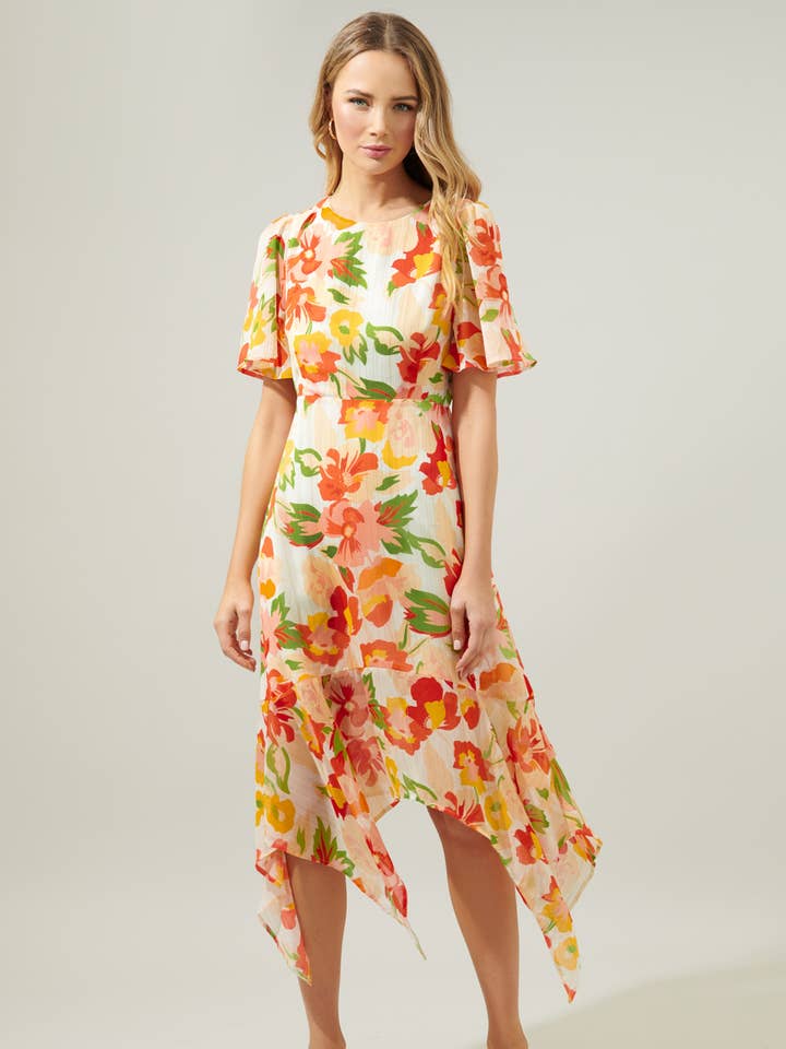 Kailua Floral Aerin Asymmetrisches Flatter-Midikleid für den Großhandel von Sugarlips