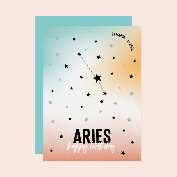 Aries zodiac star sign birthday card - Silver foil for wholesale by Purple Tree Designs