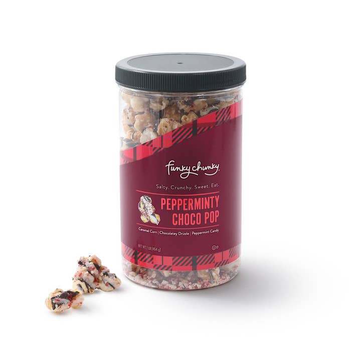 Pepperminty Choco Pop | Caramel Holiday Popcorn | canisters for wholesale by Funky Chunky