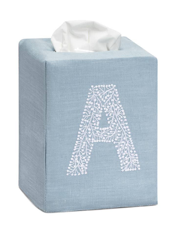 Twig Monogram Linen Tissue Box Cover | Sky Blue for wholesale by Henry Handwork