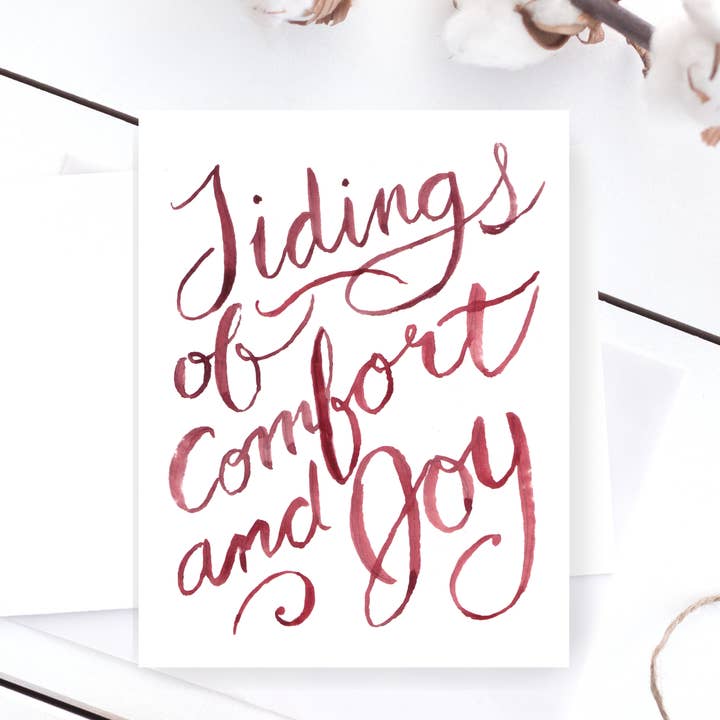 Tidings of comfort and joy hand-lettered Christmas card for wholesale by Rural Girl Studio