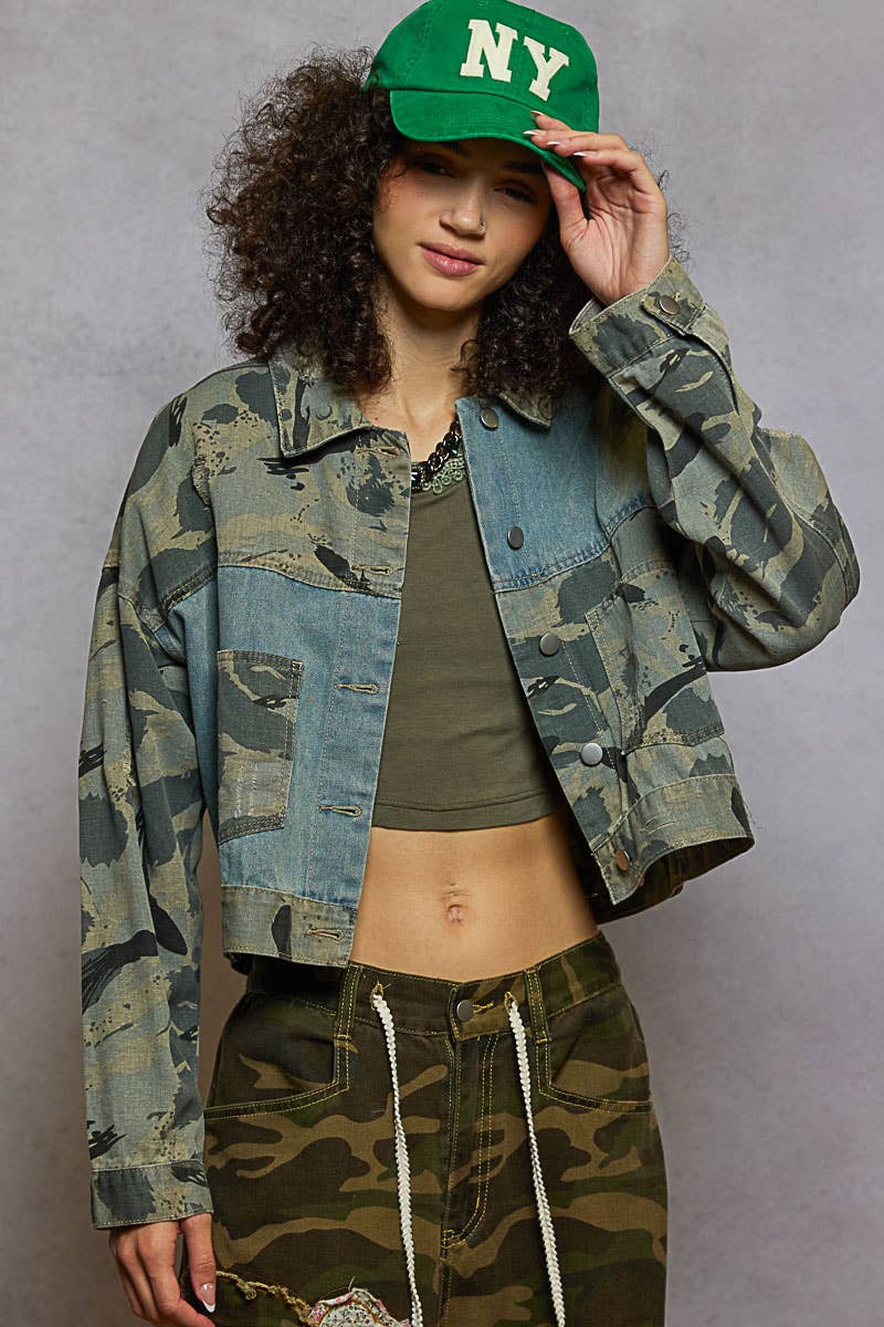 VINTAGE CAMO Leopard Print Button Down Denim Jacket for wholesale on Faire1