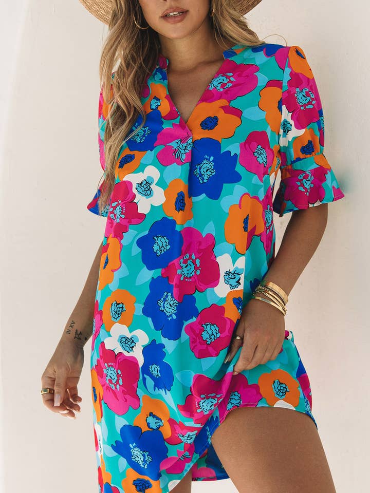 MULTI Split V Collar Ruffle Sleeve Floral Shift Dress for wholesale on Faire0