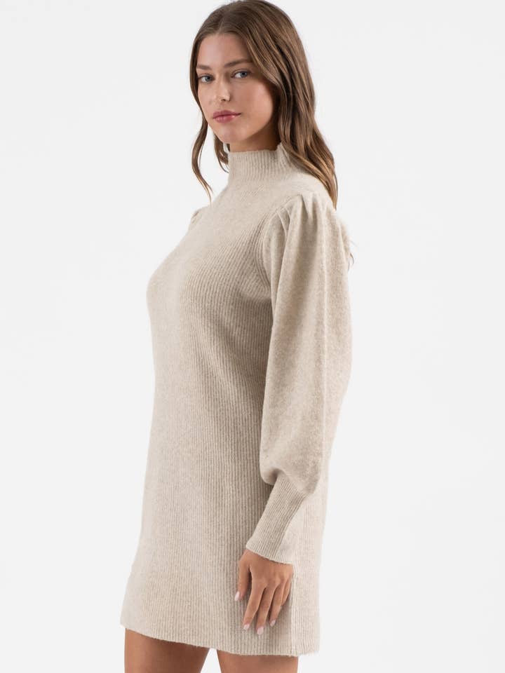 Blu Pepper - Wholesale Dress - Women's - MOCK NECK LONG PUFF SLEEVE KNIT SWEATER DRESS