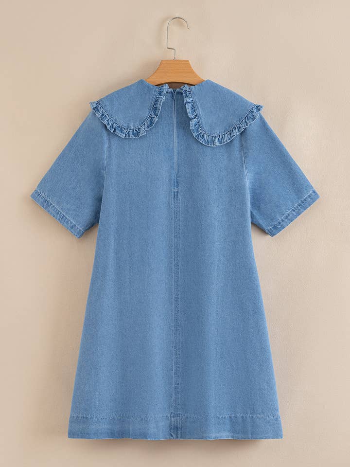 Beau Blue Frilled Peter Pan Collar Loose Denim Short Dress for wholesale on Faire3