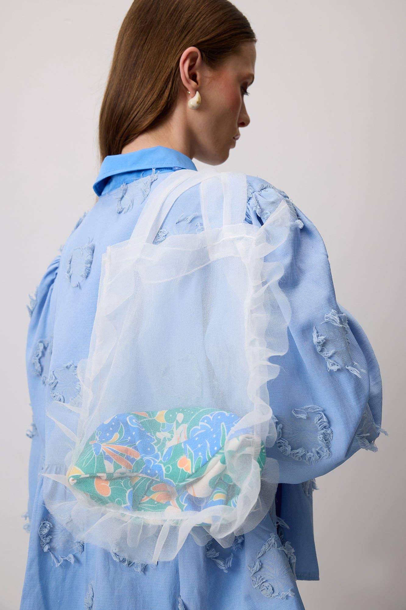 Beyaz Sheer Organza Tote with Ruffle Trim – Transparent Bag for wholesale on Faire1