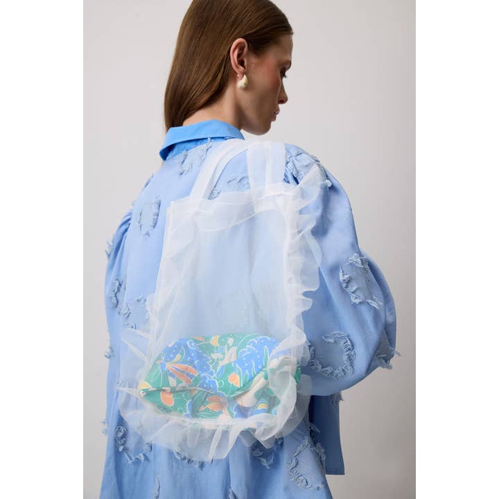 Beyaz Sheer Organza Tote with Ruffle Trim – Transparent Bag for wholesale on Faire1