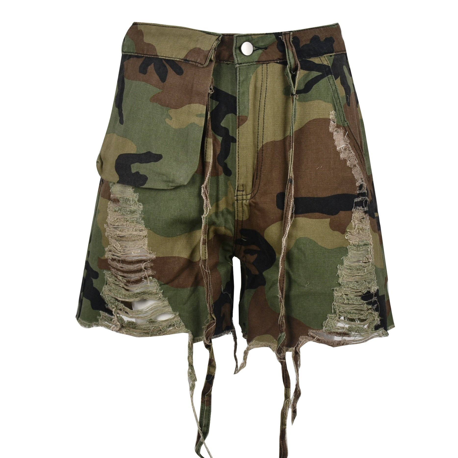 CAMOUFLAGE MB FASHION Camo Distressed Shorts with Frayed Hem 6603LY for wholesale on Faire4