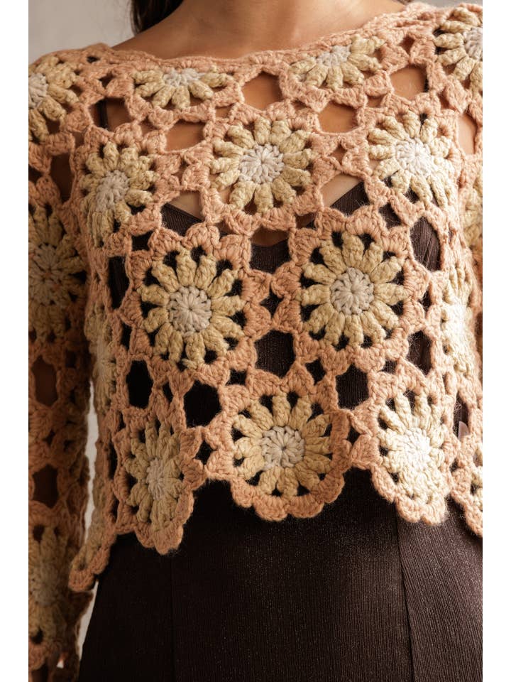 STORIA - Wholesale Knit Sweater - Women's - JT4104-1-CROCHET FLOWER LONG SLEEVE CROP TOP7