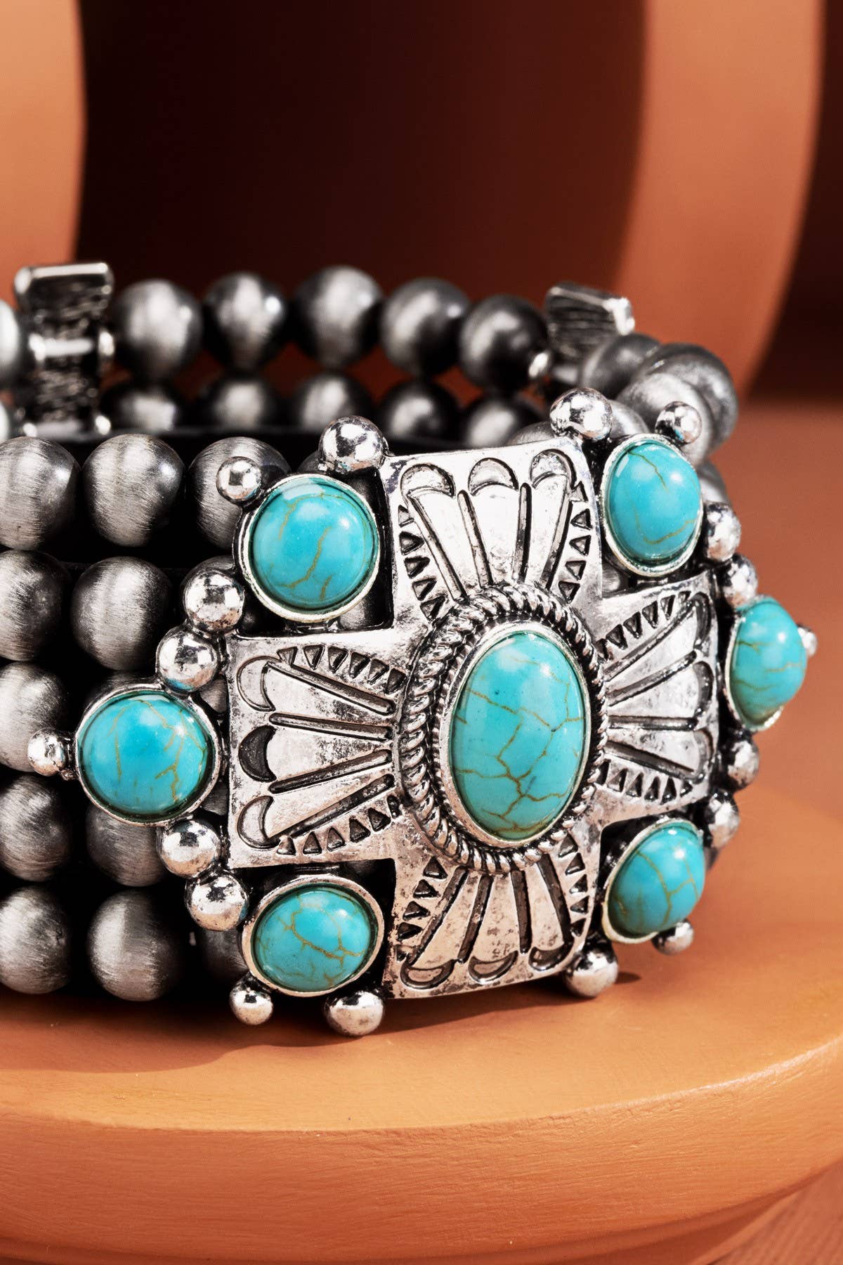 TURQUOISE SBTQ  Navajo Pearl & Cross Stretchy Bracelet for wholesale on Faire1