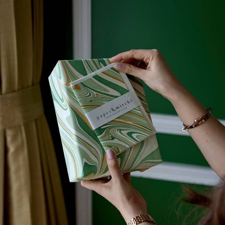 Paper Mirchi - Wholesale Flat Wrap - Hand Marbled Wrapping Paper Sheets - Waves Matcha1