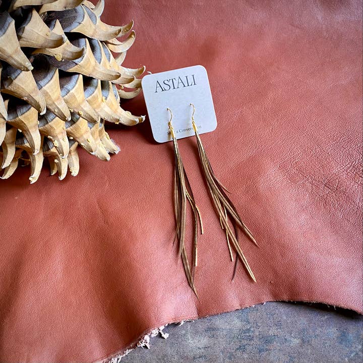 ASTALI - Wholesale Tassel Earrings - Mini Feather Earrings - Taupe/Gold, Boho Western Earrings6
