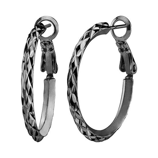 Brincos de argola de corte de diamante preto de 2,5 cm com fecho Omega por atacado de Almond Tree