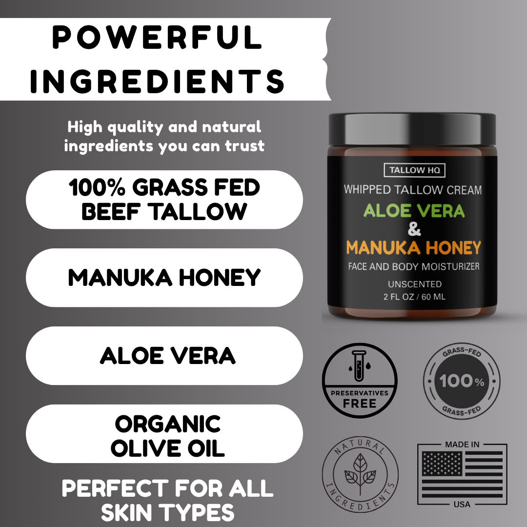 TALLOW HQ – Creme/loção corporal por atacado – Creme de Sebo com Aloé Vera e Mel de Manuka, Batido-2oz1
