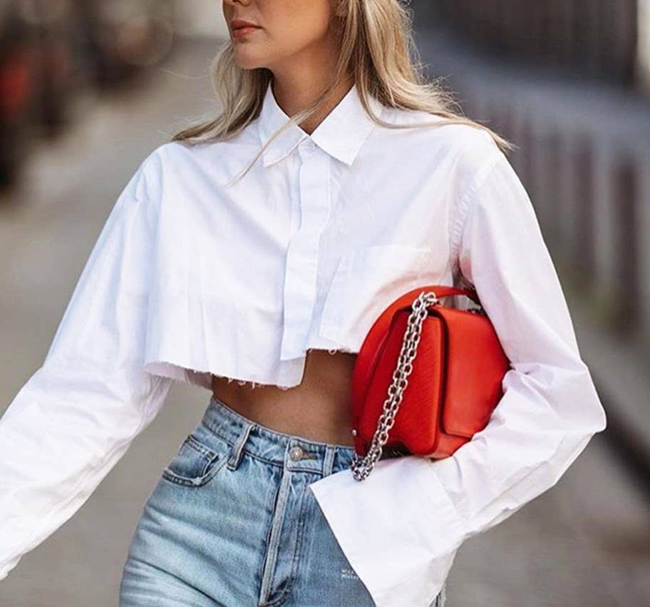 HIDDENBRAND - Wholesale Button Down Shirt - Women's - Back to school cropped white shirt1