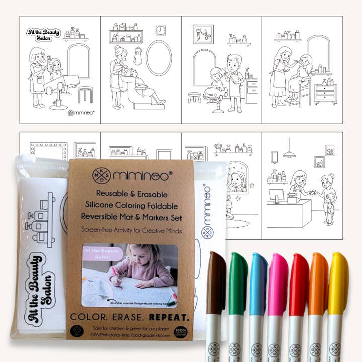 Reversible Foldable Opaque Silicone Coloring Mat & Markers Set - At the Beauty Salon for wholesale by Miminoo