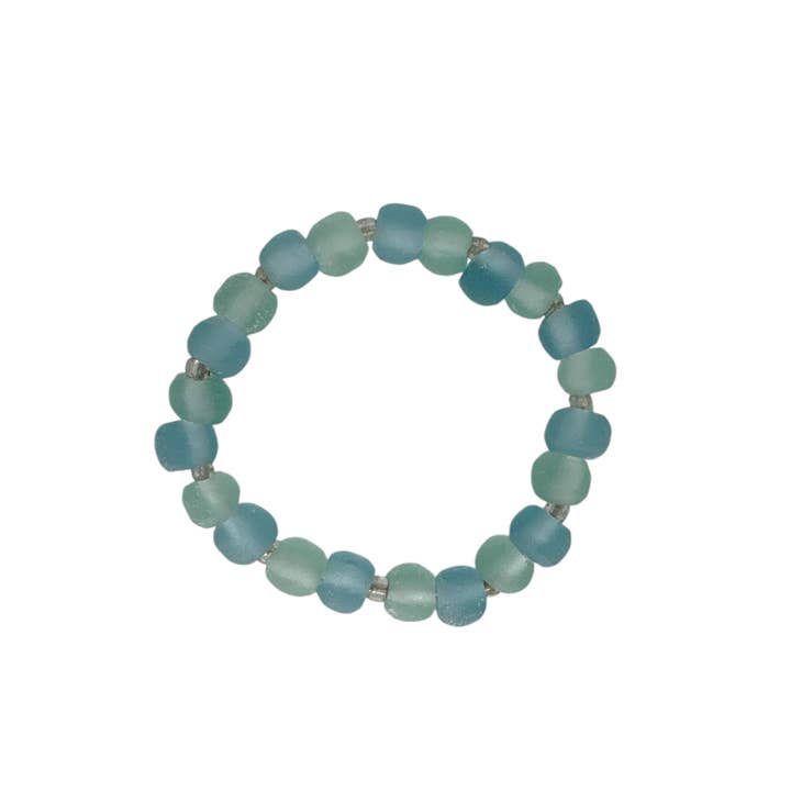 Maka Imports - Wholesale Beaded Bracelet - Recycled Sea Beach Glass Bead Stretch Bracelet Seafoam Mix