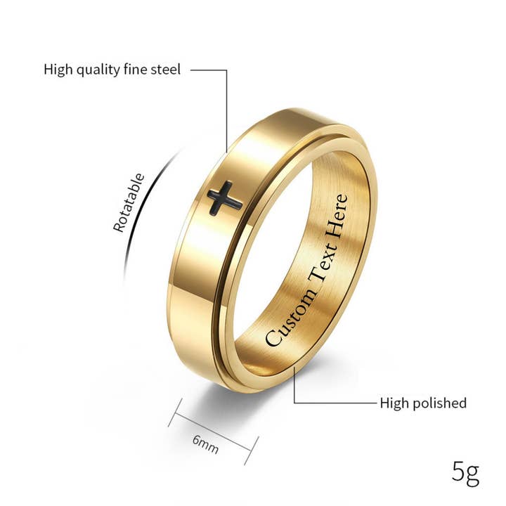 Perimade & Co. LLC - Wholesale Band/Stacked Ring - Cross Anxiety Fidget Spinner Band Ring in Stainless Steel5