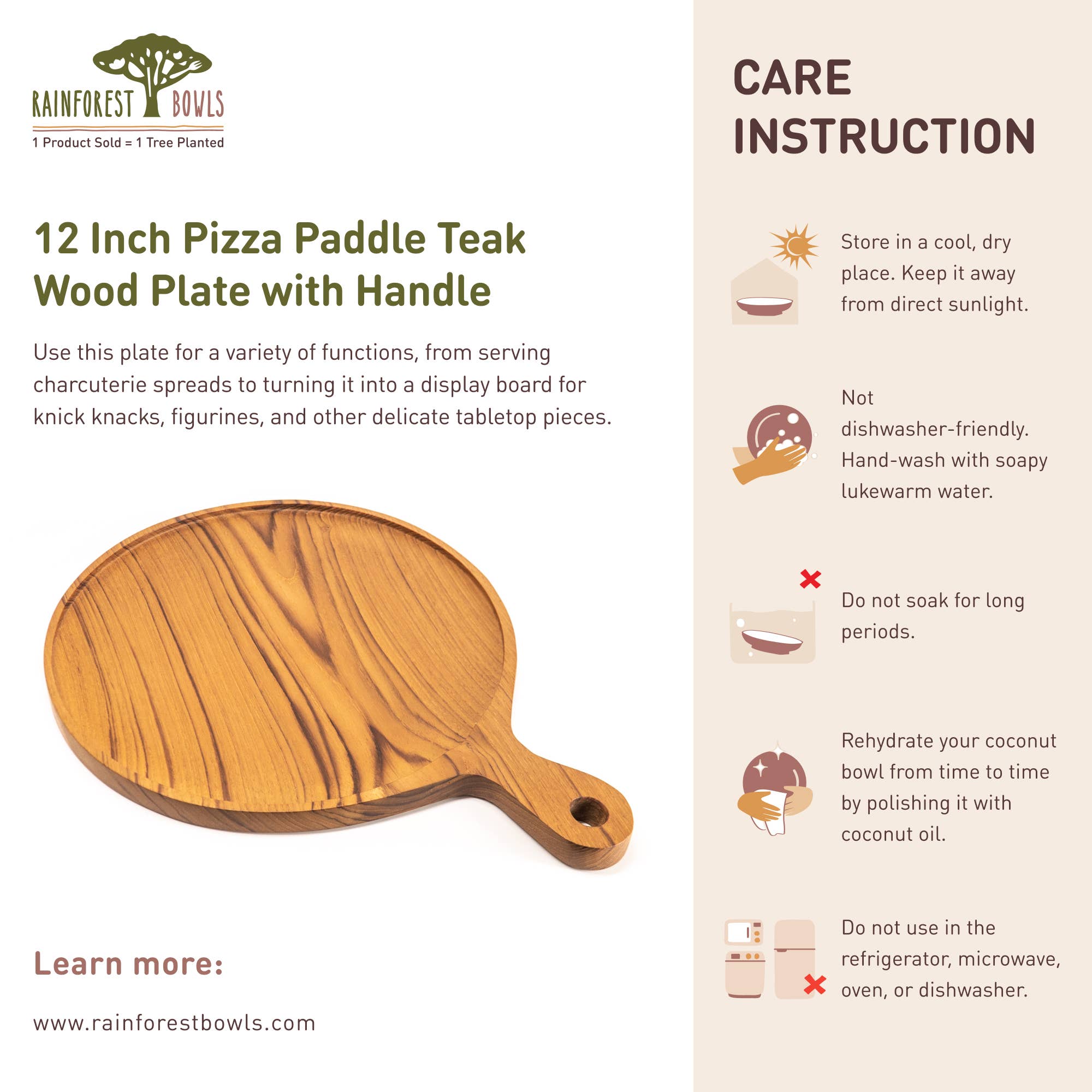 Rainforest Bowls - Wholesale Pizza Board - 12 Inch Teak Wood Pizza Board with Handle & Rim9