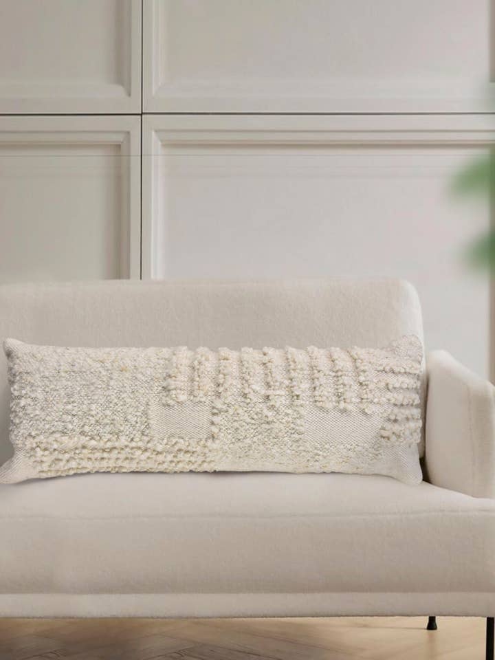 White Boucle Patchwork Handwoven Pillow 14x40 for wholesale by Anaya Home
