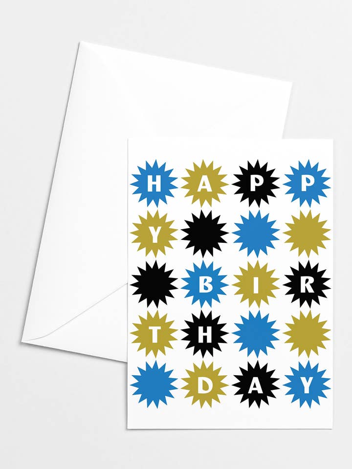 Blue Starburst Birthday Risograph Greeting Card for wholesale by Mezzaluna Studio