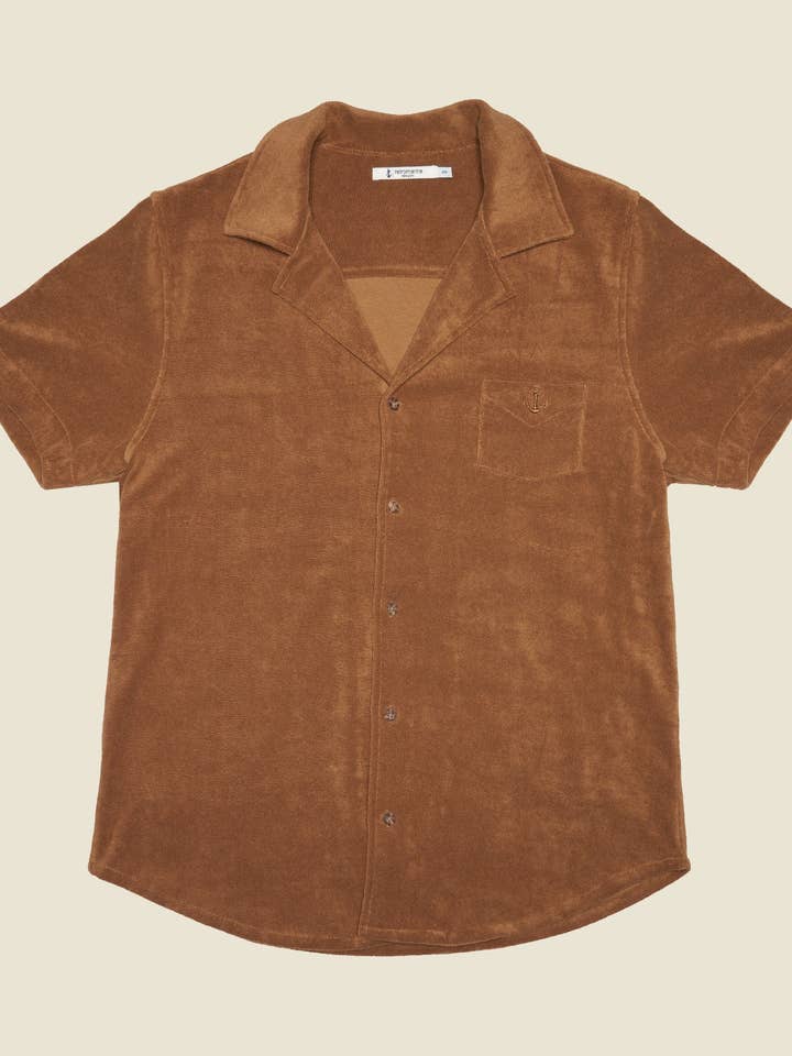 Terry Short Sleeve Button Down - Tan for wholesale by Retromarine