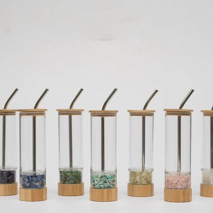 Earth's Gems Boutique - Wholesale Water Bottle - Gemstone Glass Water Bottle Cup with Metal Straw