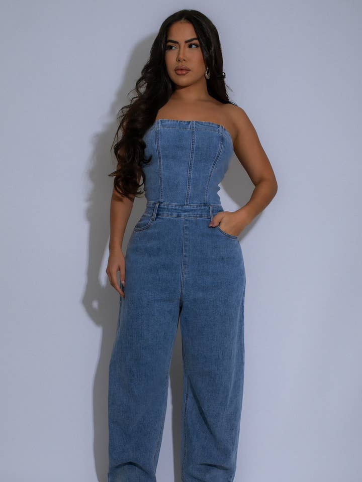 Stropløse denim jumpsuits med brede ben for engroshandel hos 5besties inc