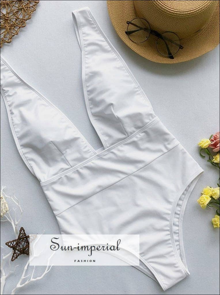 Sun Imperial - Wholesale One Piece Swimsuit - Women's - Women Plain Wine Red One Piece Swimsuit With Deep V Cut3