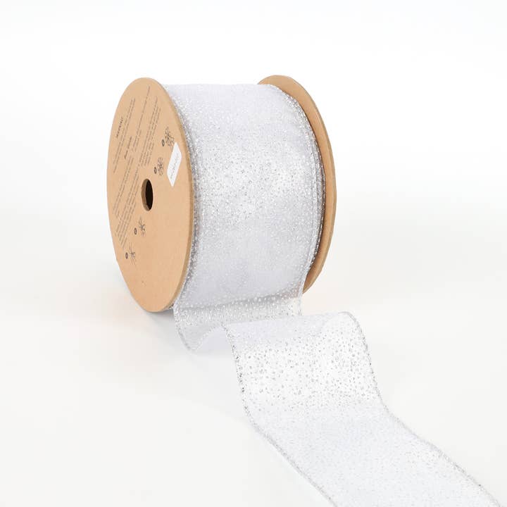 Ruban métallique de 2 1/2 po | « Glitter Sheer » blanc | Rouleau de 10 mètres pour la vente par LA Ribbons Wholesale