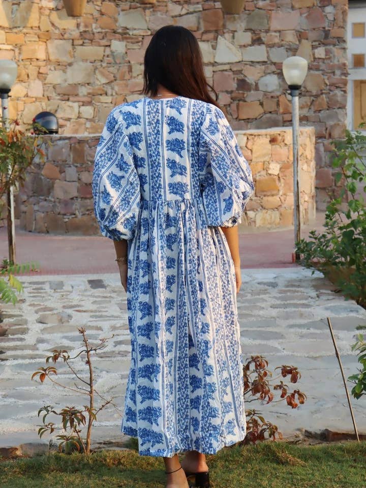 bhavnas boutique - Wholesale Dress - Women's - Long Block Printed Midi Dress Deep Neck with String Closer