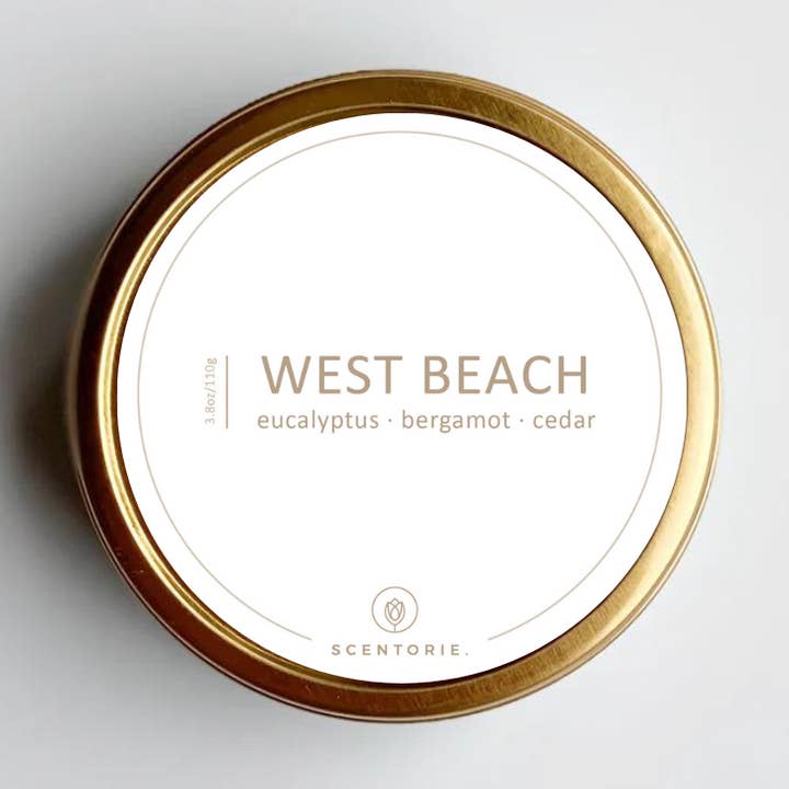 Bougie parfumée à la cire de colza WEST BEACH, 110 g/20 h, mèche en bois pour la vente par SCENTORIE.