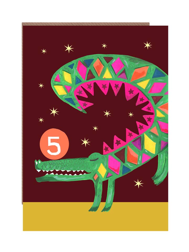 Age 5 'Party Croco' Children's Birthday Greetings Card for wholesale by Hutch Cassidy (Greetings Cards and Paper Goods)
