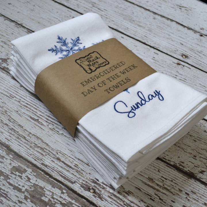 SewMuchMoreStore - Wholesale Tea Towel - Embroidered Day of the Week Towels - Snowflakes, 7 Pack