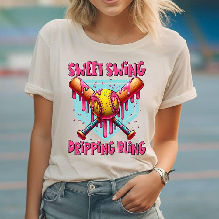 Sweet Swing Dripping Bling Softball DTF Heat Transfer for wholesale by Trendy Transfers