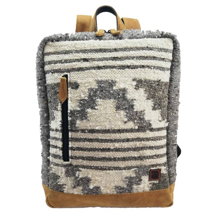 Handmade wool and leather Zaculeu Backpack for wholesale by Achiote Guatemalan Goods