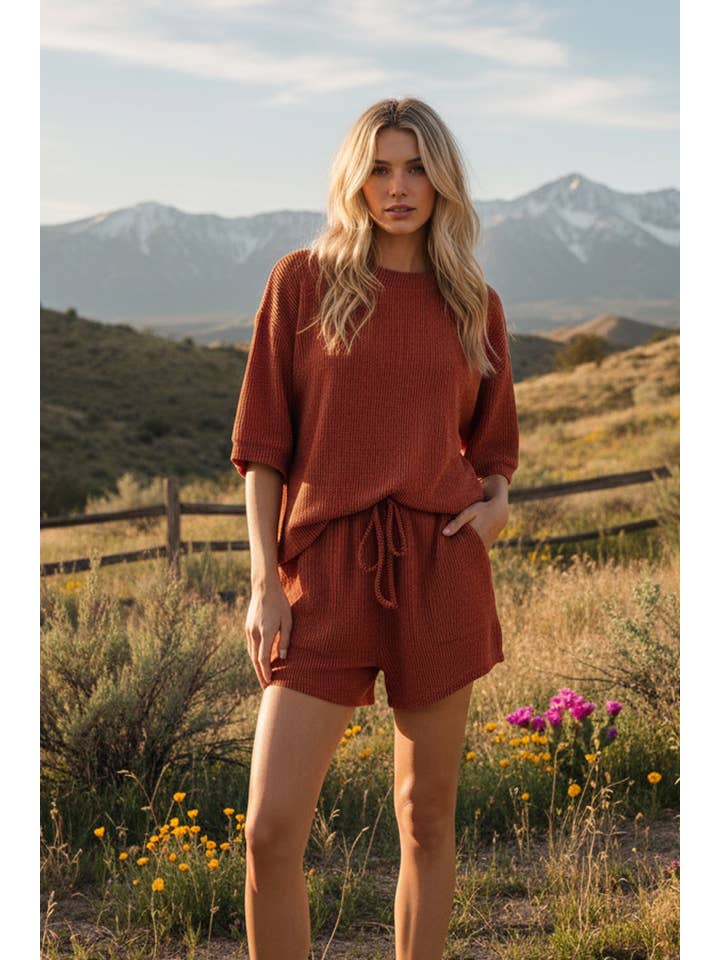 Sewn and Seen - Wholesale Lounge Set - Women's - RIBBED ROUND NECK TOP AND SHORTS SET50